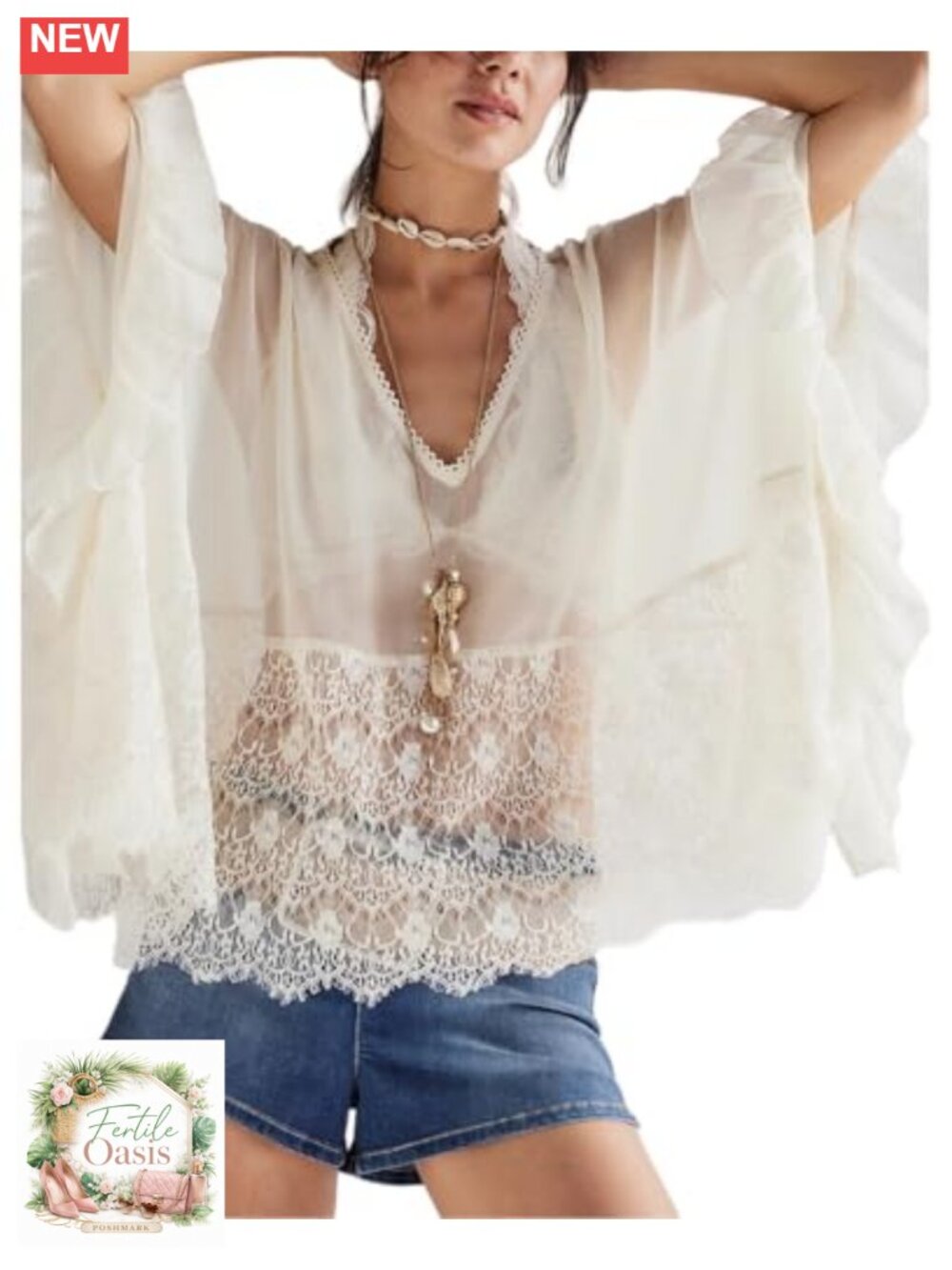 Sheer Poncho Top Oversized Batwing Sleeve Lace Cover Up Boho Blouse
